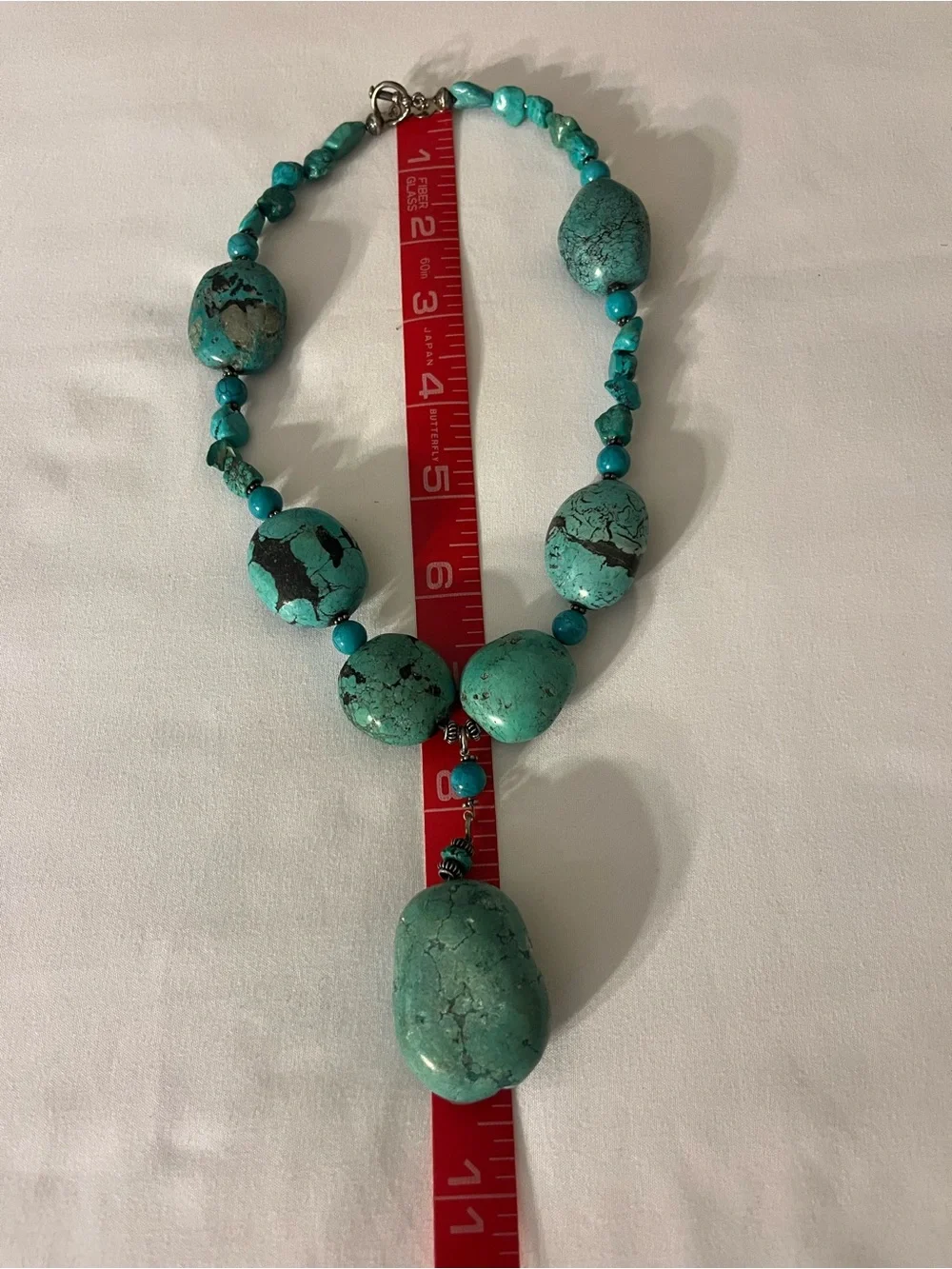 Vintage Turquoise Beaded Necklace with Chunky Focal Stone- dark matrix veining